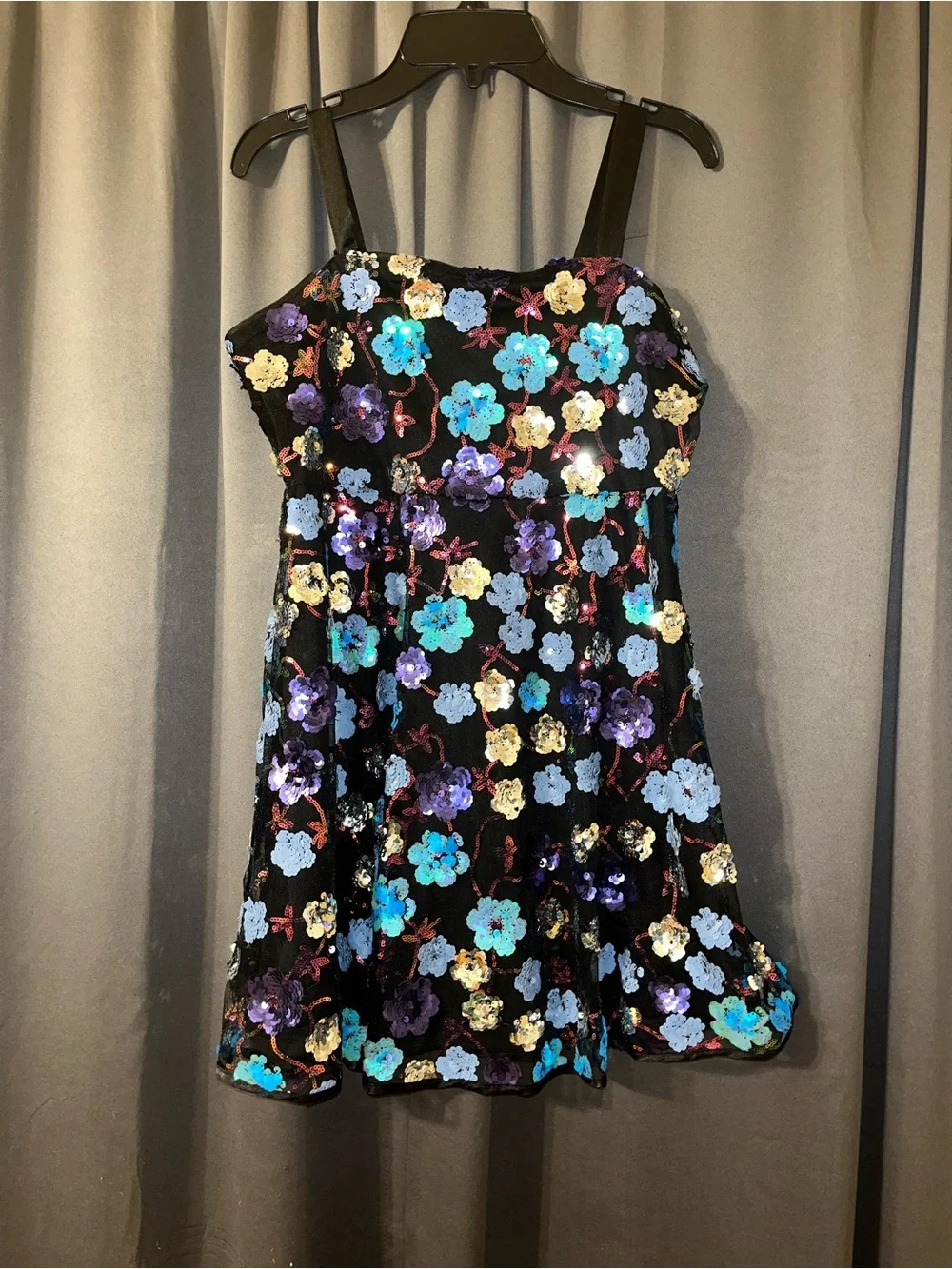 Girls Black Sequin Floral Party Dress with Blue & Purple Flowers